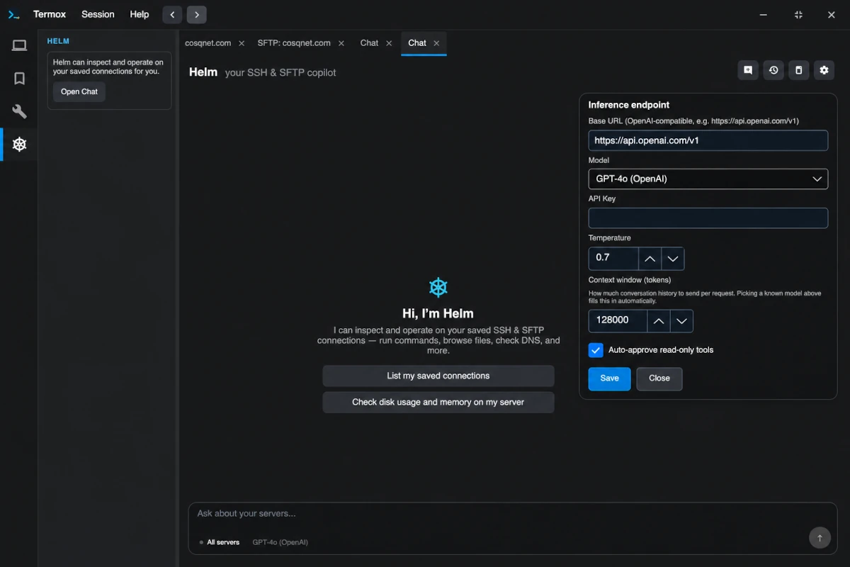 Termox Helm AI chat assistant with tool calling and approval gates