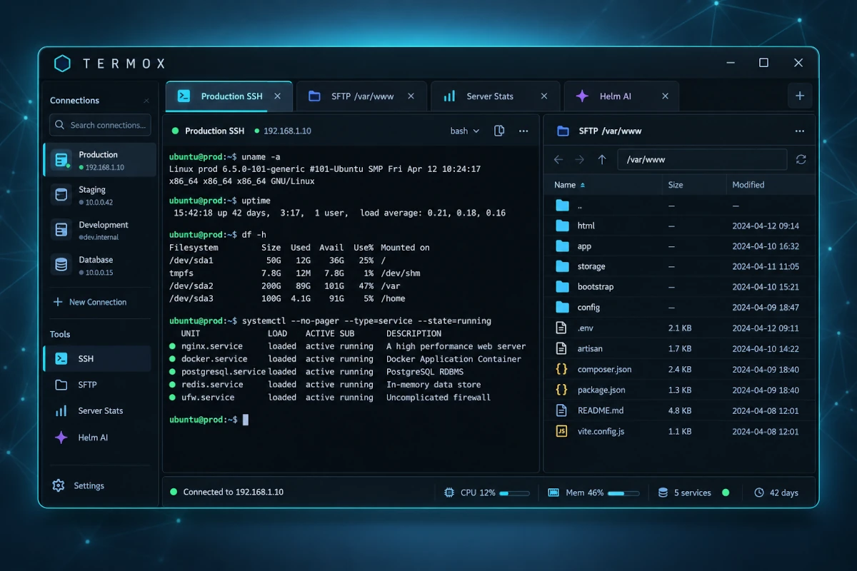 Termox cross-platform desktop SSH terminal and server administration workbench