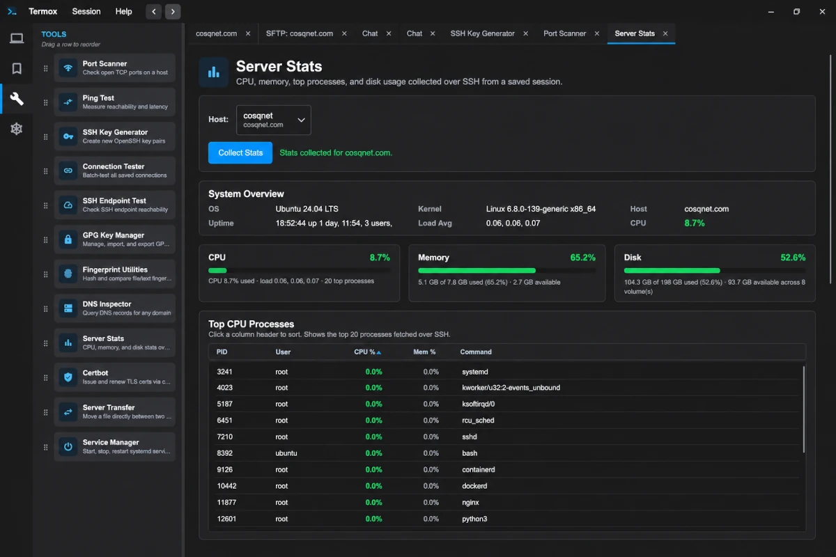 Termox server stats dashboard, systemd manager, and diagnostic utilities